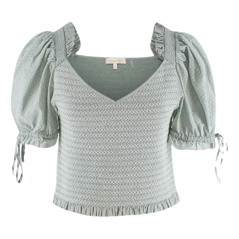Loveshackfancy Tilly Shirted Green Smocked Polka Dot Milkmaid Blouse Small